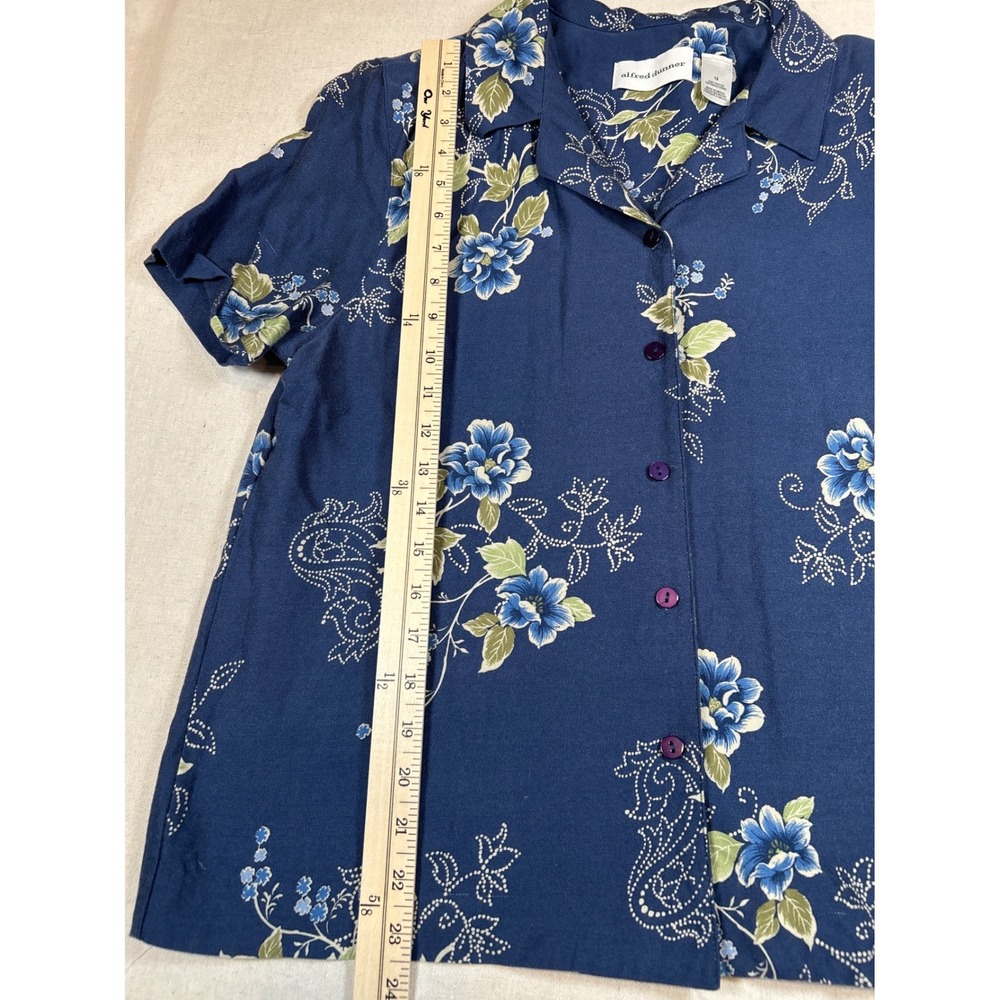 Alfred Dunner Floral Paisley Button Down Blouse Navy Blue Rayon Short Sleeve 12 - Picture 3 of 8